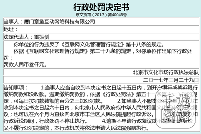 厦门章鱼互动因违反《互联网文化管理暂行规定》被处以3000元罚款